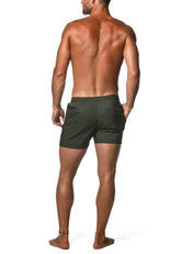Men’s olive green jacquard stretch swim shorts with textured wavy pattern and mesh liner for quick drying