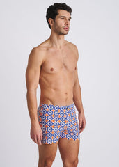POSTMARC Tile Print Seersucker Swim Shorts W/ Mesh Lining - Navy/Orange Tiles