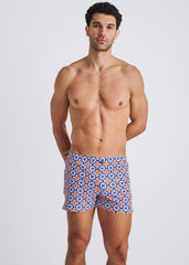 POSTMARC Tile Print Seersucker Swim Shorts W/ Mesh Lining - Navy/Orange Tiles