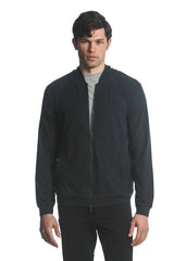 Black stretch knit zip-up hoodie with smooth textured fabric and ribbed cuffs in a bomber jacket style