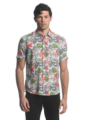 A men’s short-sleeved button-up orchids tencel linen shirt with vibrant tropical floral pattern on beige background