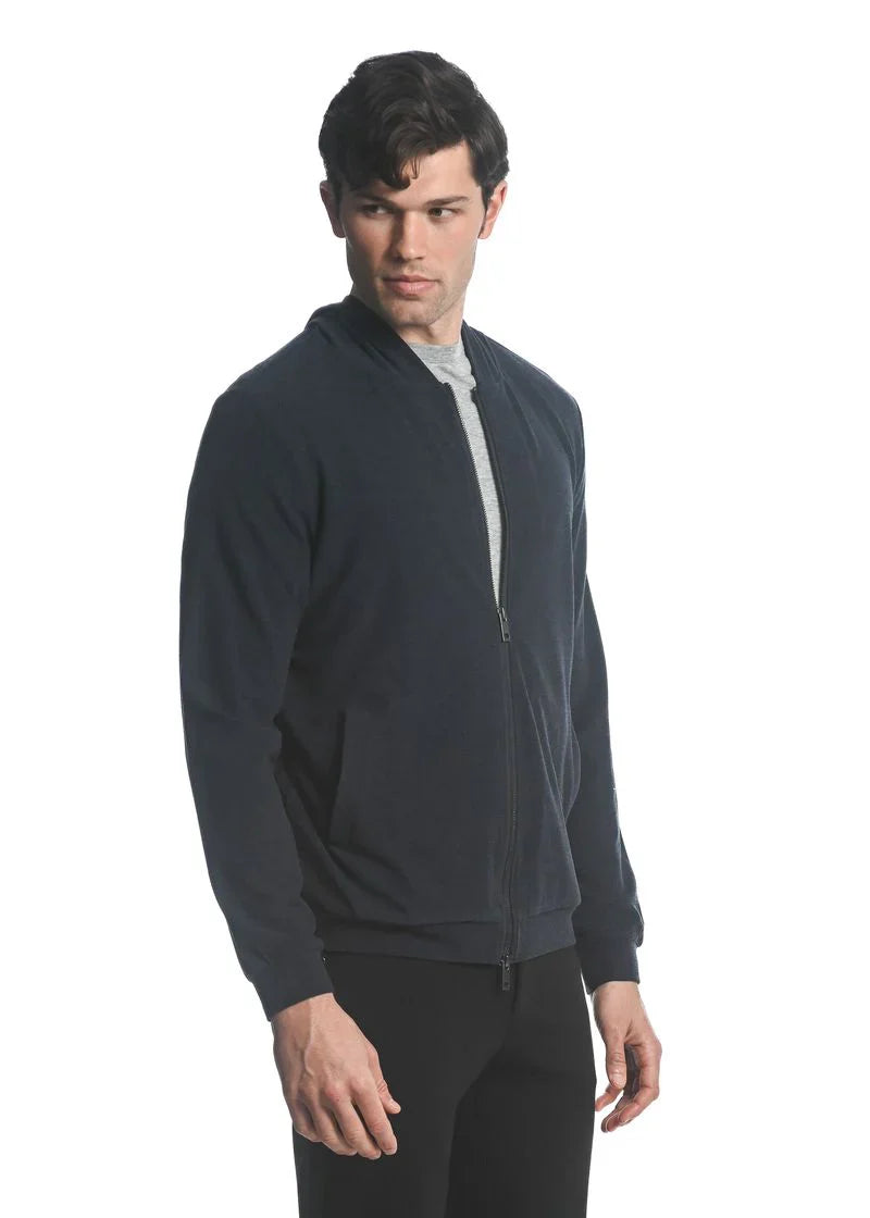 Dark navy blue stretch knit zip-up hoodie bomber jacket with ribbed cuffs and hem for casual wear