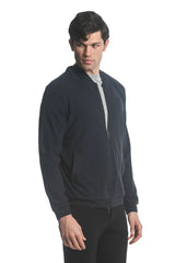 Dark navy blue stretch knit zip-up hoodie bomber jacket with ribbed cuffs and hem for casual wear