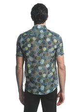 Circles cotton silk s s woven shirt with vibrant blue green and beige overlapping circle pattern on striped base