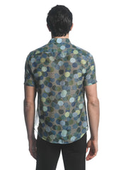 Circles cotton silk s s woven shirt with vibrant blue green and beige overlapping circle pattern on striped base