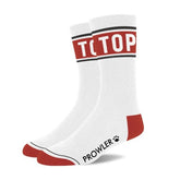 White crew socks with red and black top band red toe and heel featuring prowler brand name and paw print logo side view
