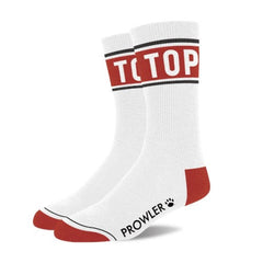 White crew socks with red and black top band red toe and heel featuring prowler brand name and paw print logo side view