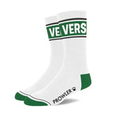 White crew socks with green accents and bold vers logo on cuff black trim and prowler brand near heel prized for comfort