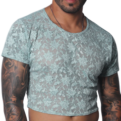 Aqua blue sheer lace crop top with a crew neck and short sleeves.