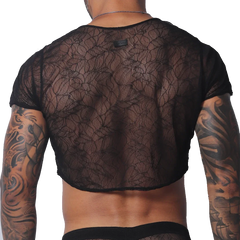 Black sheer lace crop top with short sleeves and a branded patch detail on the back.