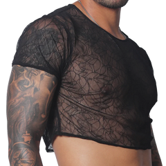 Black cropped T-shirt in sheer, patterned mesh fabric with a round neckline and short sleeves.