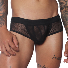 Black men's trunk underwear featuring a sheer, delicate floral lace pattern, a solid waistband, and solid front panel.