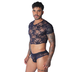 Navy blue sheer floral lace crop top with short sleeves and a rounded neckline.