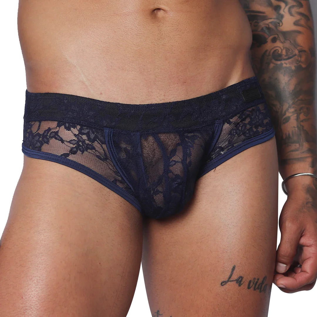 Dark blue lace trunk underwear featuring a contoured pouch and a solid elastic waistband.