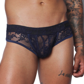 Dark blue lace trunk underwear featuring a contoured pouch and a solid elastic waistband.