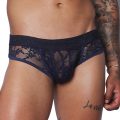 Dark blue lace trunk underwear featuring a contoured pouch and a solid elastic waistband.