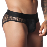 Black fishnet brief with a branded elastic waistband and supportive pouch, featuring a provocative cut.