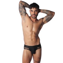 Black low-rise briefs featuring a mesh side design, contoured pouch, and an elasticized branded waistband.