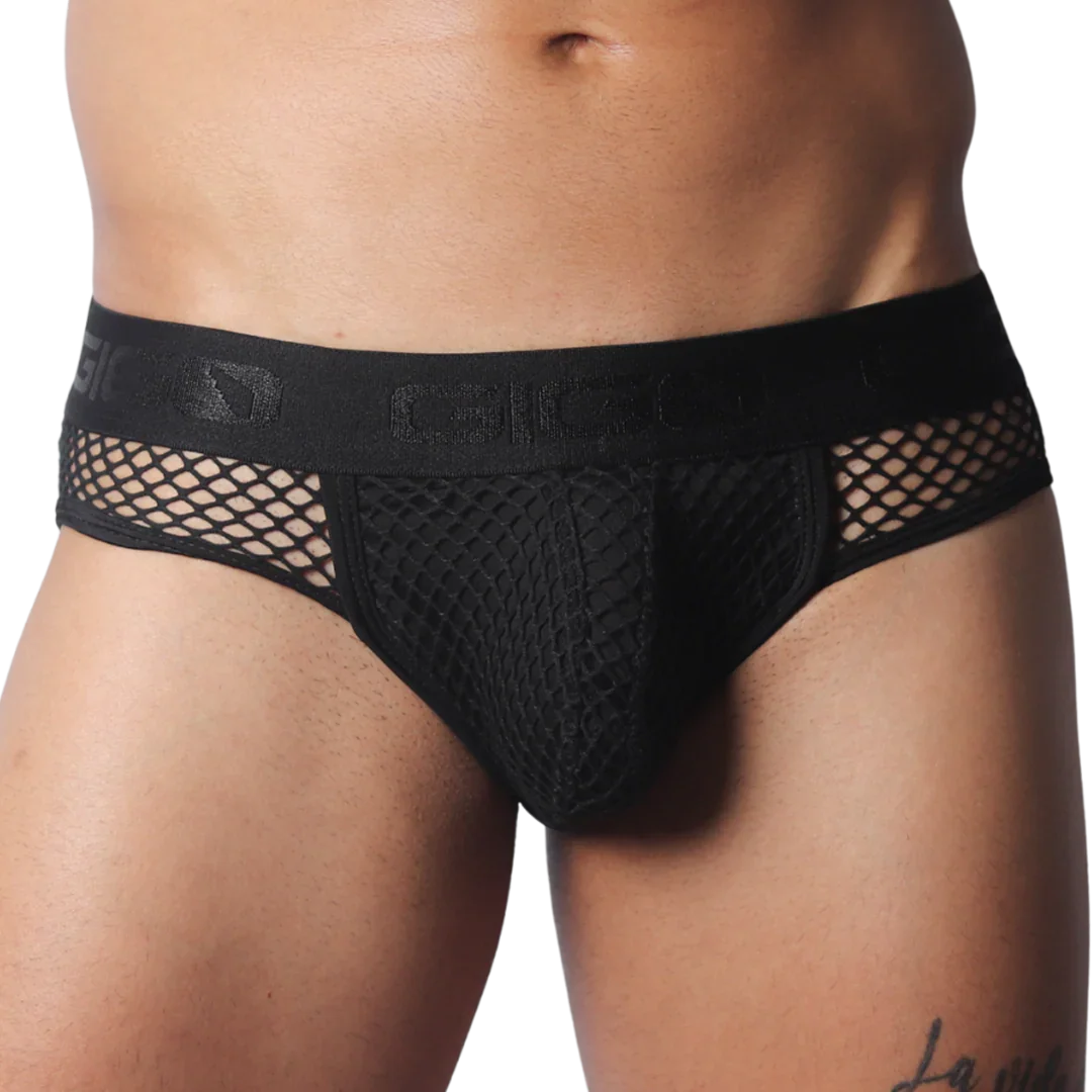 Black Gigo brief featuring a mesh fabric pouch and side panels with a branded elastic waistband.