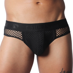 Black Gigo brief featuring a mesh fabric pouch and side panels with a branded elastic waistband.