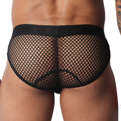 Black fishnet briefs with a branded elastic waistband and back-seam detail.