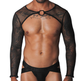 Black fishnet long-sleeve harness with a central metallic O-ring collar and matching black athletic jockstrap.