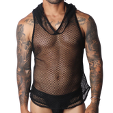 Black sleeveless fishnet hooded tank top featuring a wide neckline and athletic mesh design.