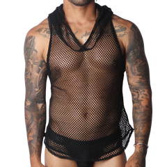 Black sleeveless fishnet hooded tank top featuring a wide neckline and athletic mesh design.