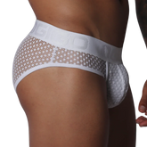 White mesh brief with a wide, branded elastic waistband and contoured pouch, featuring a decorative geometric pattern.