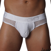 White brief with sheer, open-weave lace fabric and a branded elastic waistband.