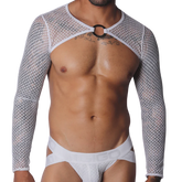 White mesh long-sleeve harness with a central silver O-ring connector and cutout chest design.