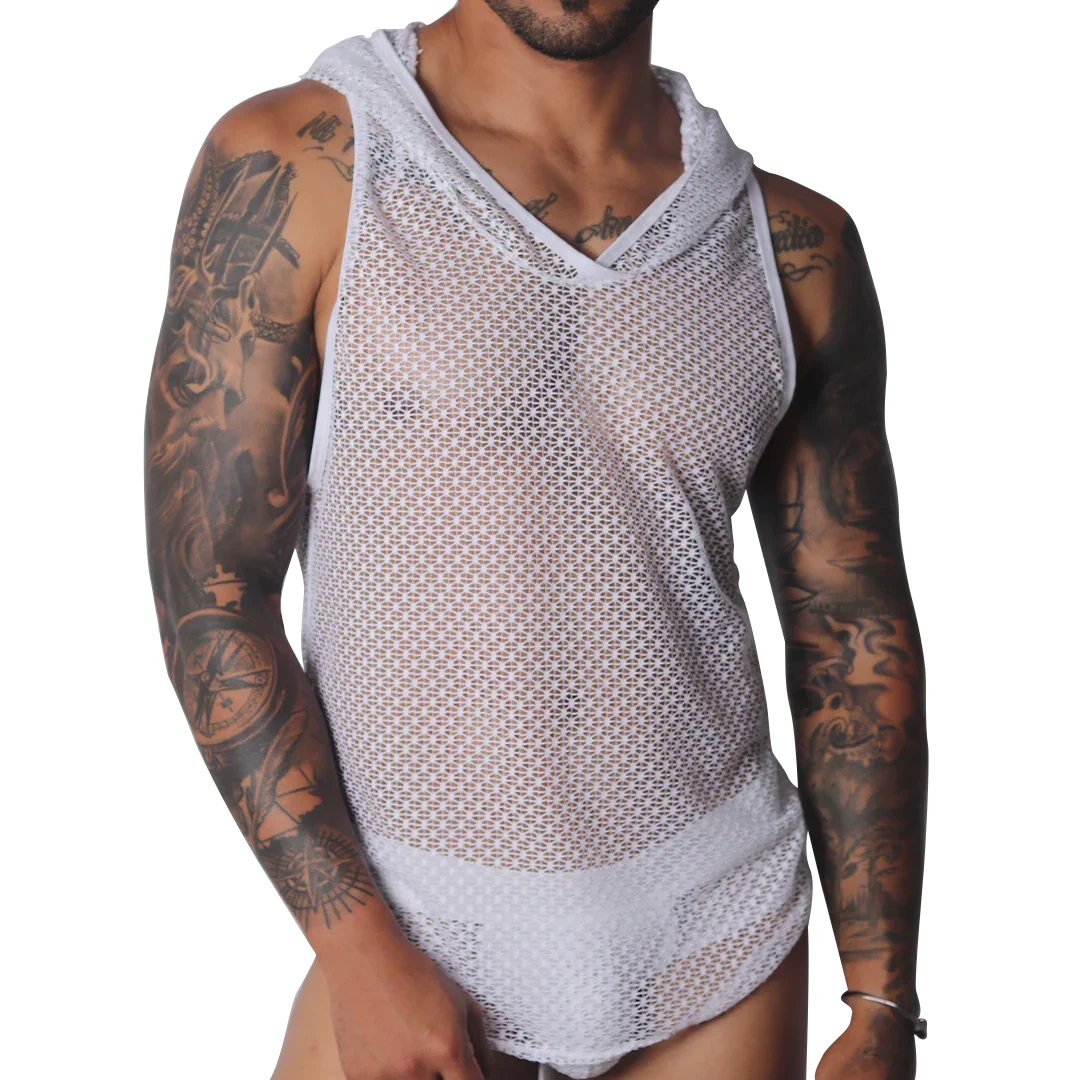 Sleeveless white hooded tank top in a semi-sheer, geometric mesh fabric with a V-neckline.