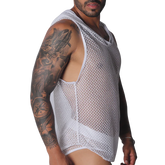 White sleeveless hoody shirt in sheer, open-knit geometric mesh fabric with deep armholes.