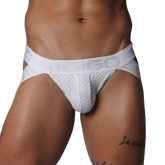 White mesh jockstrap with a branded elastic waistband and contoured pouch.