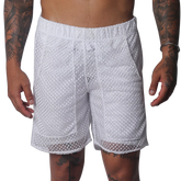White short athletic-style shorts in a semi-sheer, open-weave mesh fabric with an elastic waistband and side pockets.