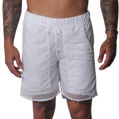 White short athletic-style shorts in a semi-sheer, open-weave mesh fabric with an elastic waistband and side pockets.