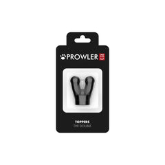 Black plastic dog toy with two prongs branded prowler red and labeled toppers the double for durable play