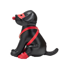 Black faux leather puppy figurine with red harness muzzle and paw covers from prowler red puppy booted up bandit collection