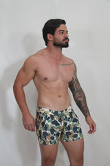 Men’s camouflage fleece shorts in green beige and white with a pattern designed for swimwear use
