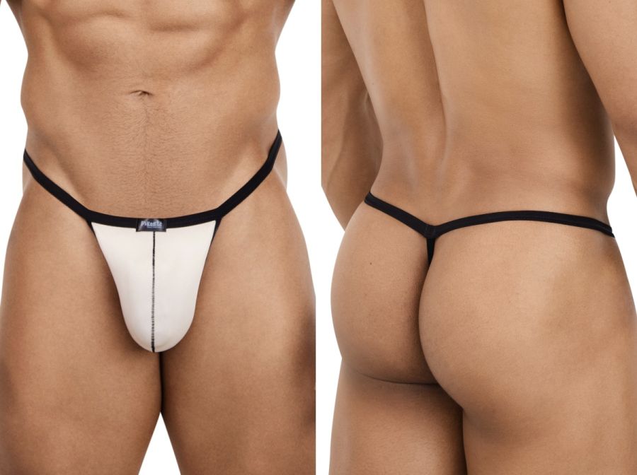 Pikante 26094 beige G-string with thin black trim, center front seam, and Pikante logo patch at the waistband.