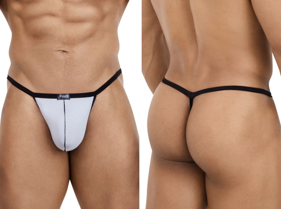 Pikante Nut G-string in gray with thin black trim, a center front seam, and a minimalist black elastic waistband.