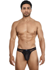 Pikante Sobek thong in black, featuring sheer mesh panels and a minimalist design with a small front brand logo tag.