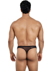 Pikante Sobek black mesh thong viewed from the back on a male model. Features a sheer, minimalist design.