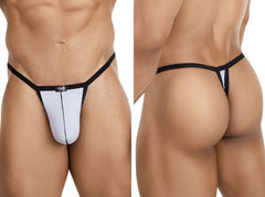 Pikante Khonsu thong in gray. Minimalist design with thin black waistband and vertical center seam.