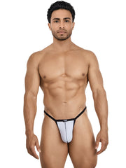 Pikante Khonsu thong in gray with a solid front pouch, a vertical center seam, and thin black elastic waist straps.