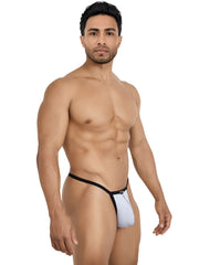 Pikante Khonsu thong in gray, featuring a minimalist design with thin black trim and a center front logo tag.