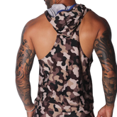 Brown camouflage print sleeveless hooded tank top with a thin blue trim on the hood's interior.