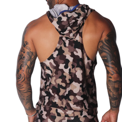 Brown camouflage print sleeveless hooded tank top with a thin blue trim on the hood's interior.