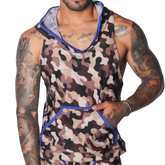 Sleeveless camo-print hooded shirt in brown, beige, and black with blue trim and a front kangaroo pocket.