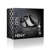 Rocks-Off Ro Zen packaging featuring a black Men-X novelty item with a ring and bulbous plug on white background.
